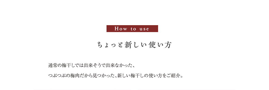 How to use　ちょっと新しい使い方　通常の梅干しでは出来そうで出来なかった、つぶつぶの梅肉だから見つかった、新しい梅干しの使い方をご紹介。