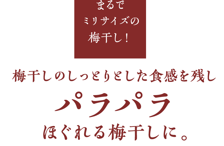 まるでミリサイズの梅干し！梅干しのしっとりとした食感を残しパラパラほぐれる梅干しに。