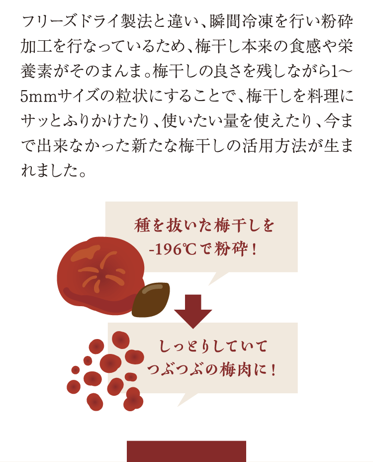 フリーズドライ製法と違い、瞬間冷凍を行い粉砕加工を行っているため、梅干し本来の食感や栄養素がそのまんま。梅干しの良さを残しながら1～5mmサイズの粒状にすることで、梅干しを料理にサッとふりかけたり、使いたい量を使えたり、今まで出来なかった新たな梅干しの活用方法が生まれました。